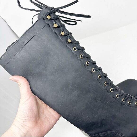 Jeffery Campbell Tyro Black Distressed Knee High Boots Size 8.5 Lace Up - Picture 9 of 10